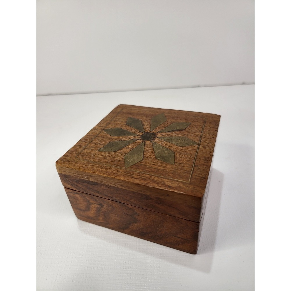 Vintage Small Boho Trinket Box Brass Inlay Starburst Jewelry Stash Box